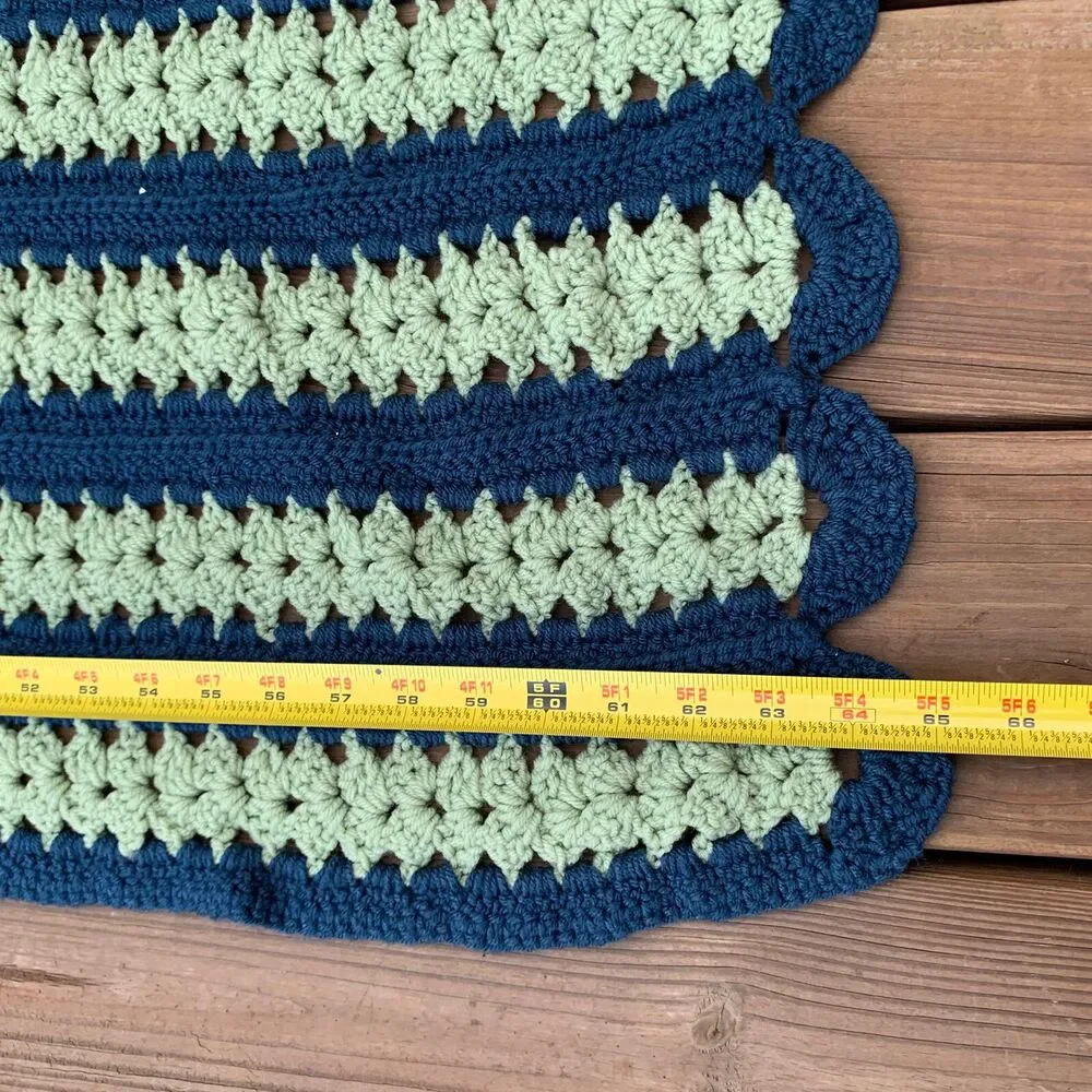 Vintage Crocheted Afghan Blanket Navy Blue Muted Green 65” x 46” Rounded Ends